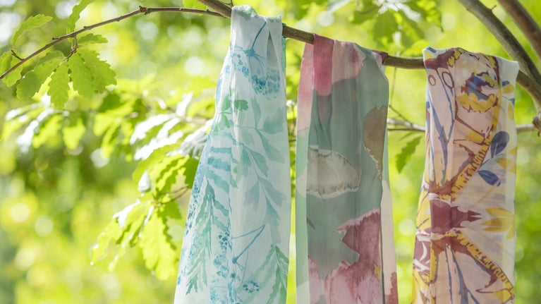 3 silk scarves hanging from the branch of a young oak tree in spring